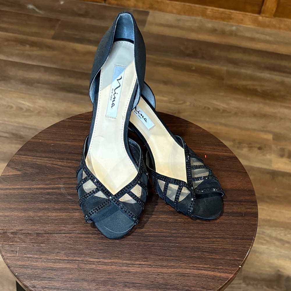 Nina Black Strappy Open-Toe Heels